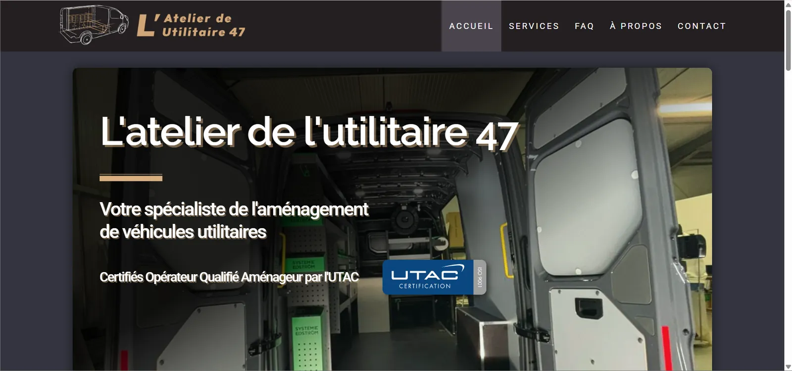 Site vitrine L'Atelier de l'Utilitaire - aménagement sur mesure de fourgons et véhicules utilitaires à Estillac