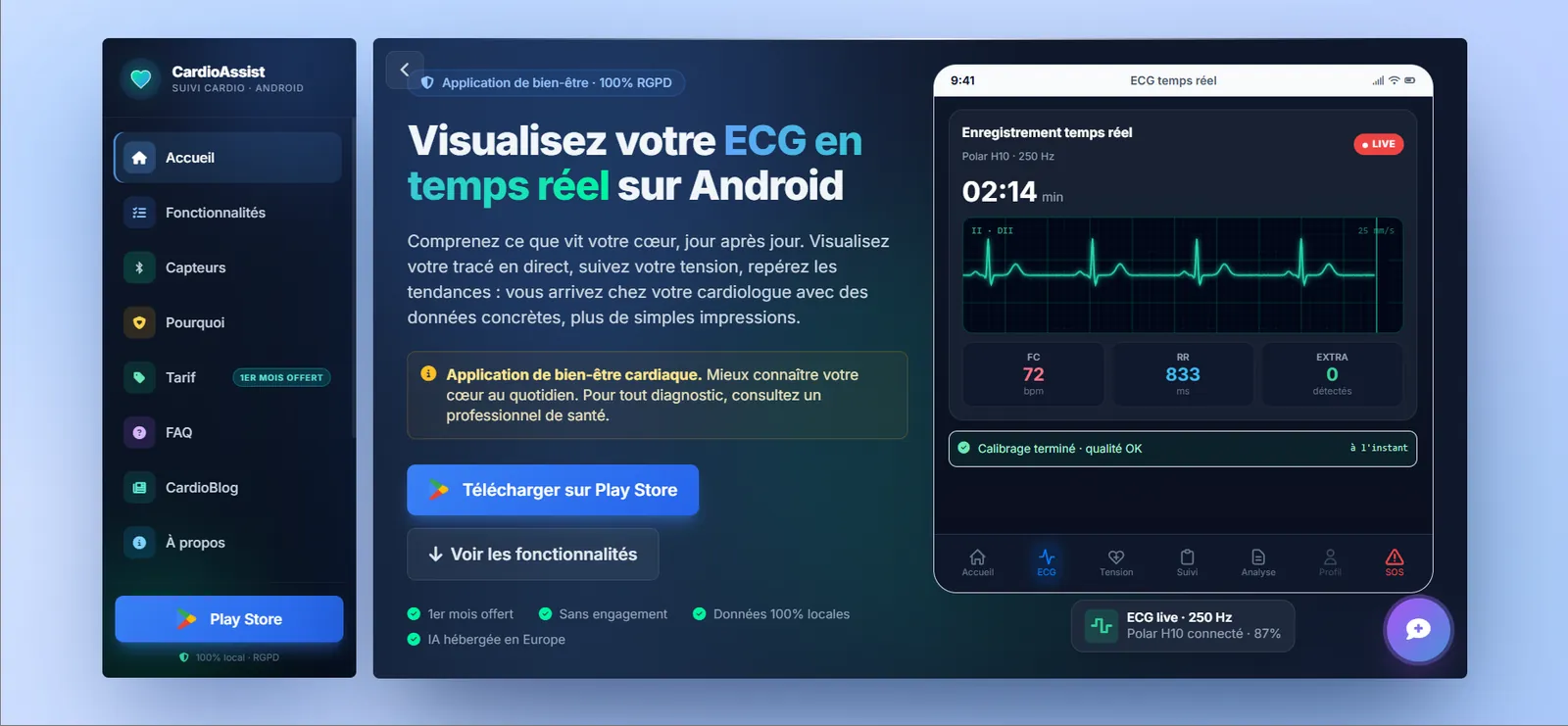 Capture d'écran de l'application CardioAssist - suivi cardiaque ECG, tension et IA