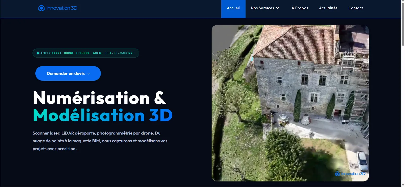 Site vitrine Innovation 3D - numérisation 3D, scanner laser FARO et drone professionnel