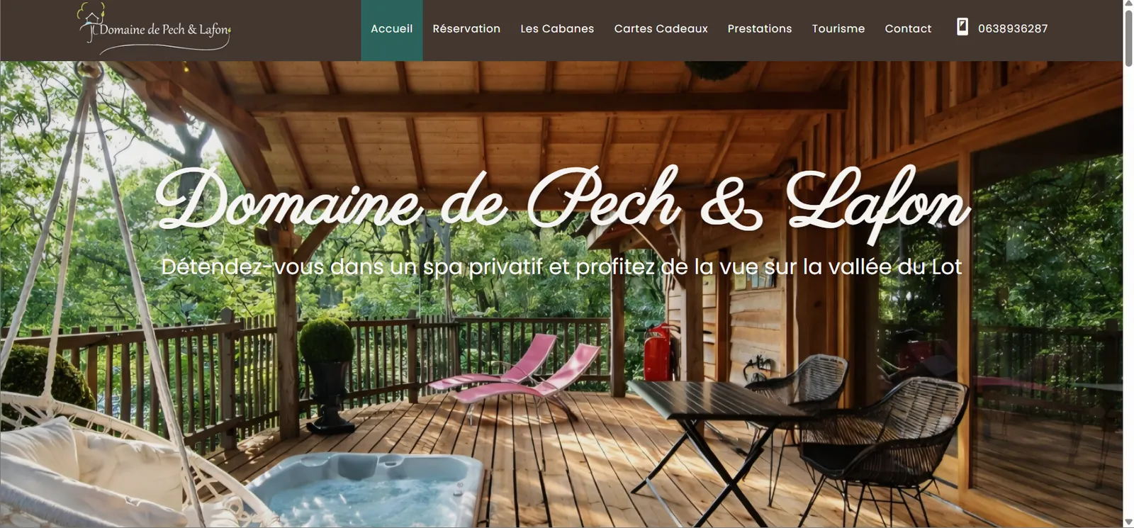 Site vitrine Domaine de Pech & Lafon - cabanes perchées avec spa privatif en Lot-et-Garonne